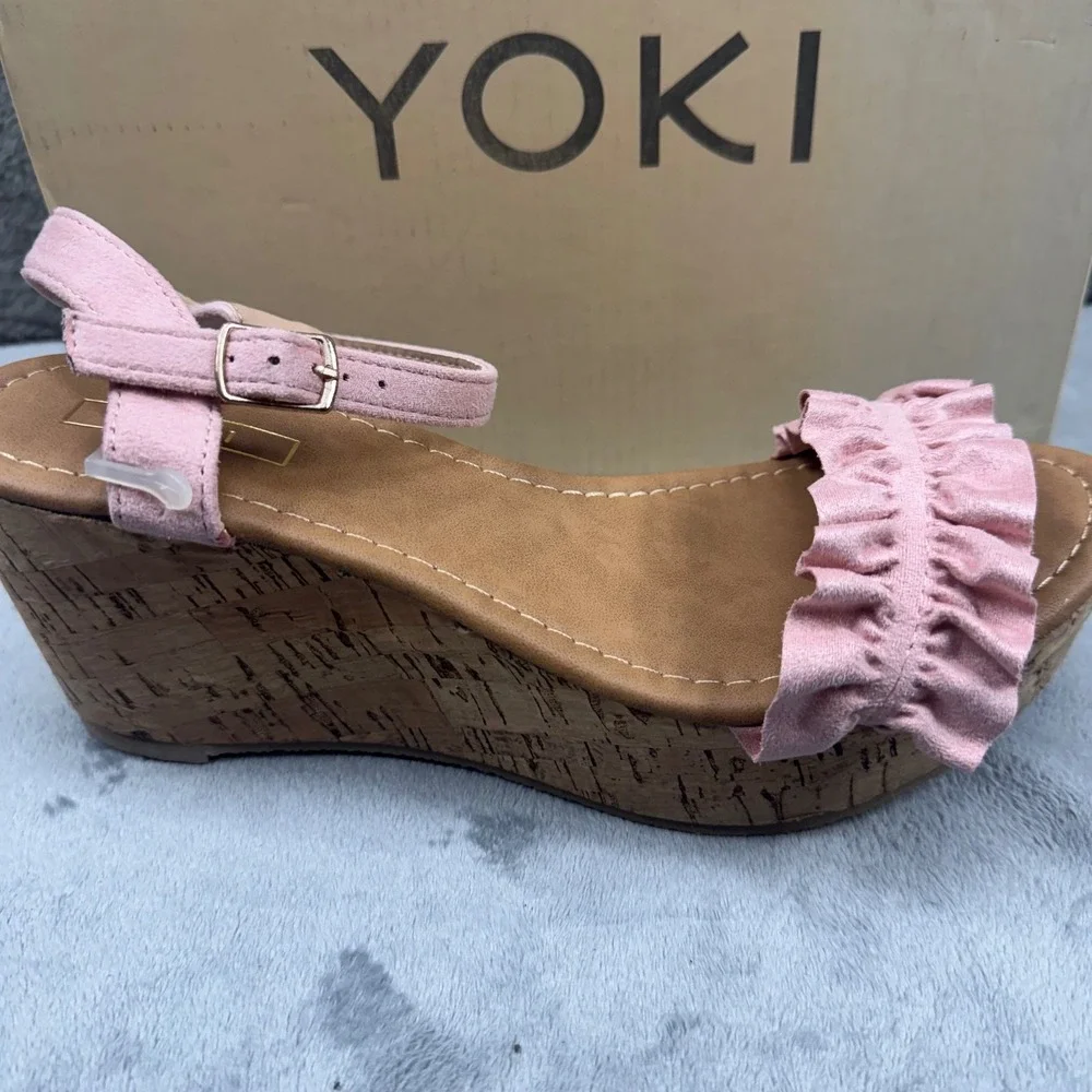 Yoki Carrin-40 Blush Pink Ruffle Cork Wedge Platform Sandals Womens 7.5‎